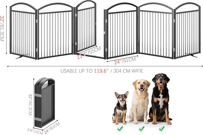 Folding Pet Fence 144" Wide, 32" Tall,Freestanding Dog Gate with Door,Black | 6 Panels No-Assembly Metal Pet Fence Walk Through,Extra Accordion Puppy Folding Playpen for Doorways, Stairs,House