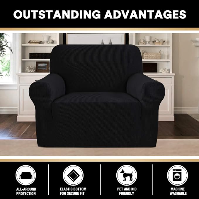 Stretch Chair Cover Chair Slipcovers with Arms 1-Piece Chair Sofa Slipcovers or Living Room Non Slip Armchair Cover Furniture Protector Dogs Pet Friendly(Armchair,Black)