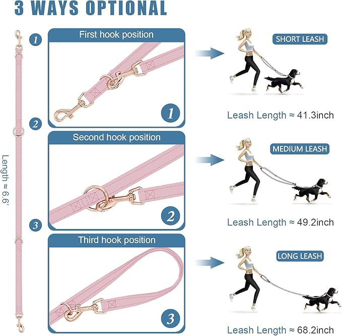 Soft Leather Dog Collar and Leash (6.6') Set - Stylish Rose Gold Heavy Duty Metal Buckle, 4 Adjustable Lengths Leash for Small Medium Large Dogs - Comfortable & Easy to Clean Pink XS(8"-12")