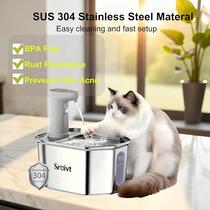 Cat Water Fountain Stainless Steel,Cordless,Rechargeable,2.6L,1 Filter | cat fountain,wireless,water fountain for cats,outdoor,indoor,battery operated,motion sensor,metal,auto,outside,automatic