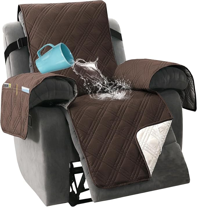 H.VERSAILTEX 100% Waterproof Reclining Couch Covers 1-Piece Reversible Recliner Chair Covers Furniture Protector with Elastic Straps for Pets Kids Sitting Width Up to 23" (Recliner, Brown/Beige)