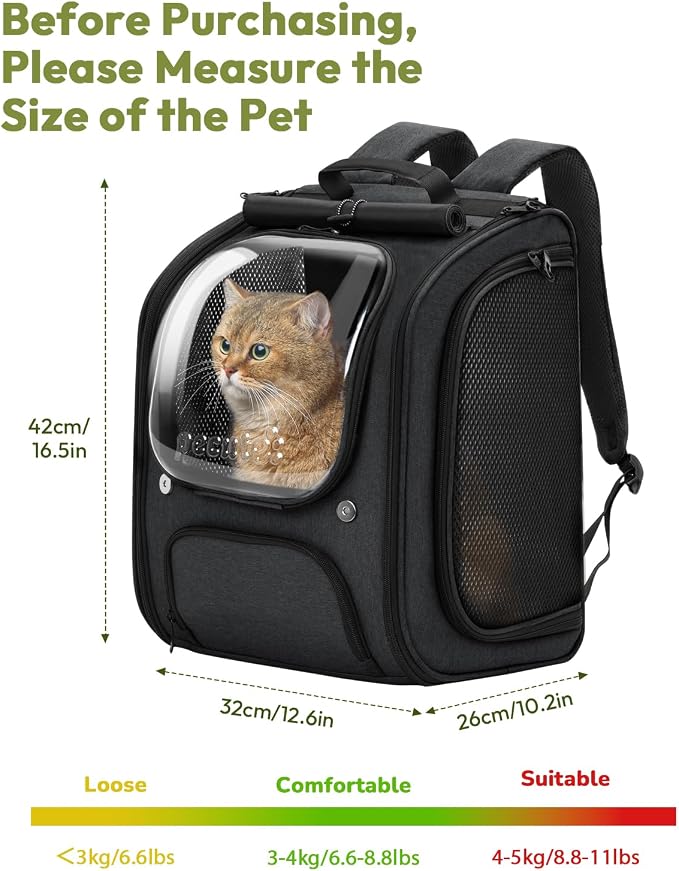 Pecute Cat Backpack Carrier,Large Space Dog Bubble Backpack,Ergonomic,Black | Bubble Transparent Window,Sunshade Curtain,Safety Rope,Sturdy,Large Mesh for Breathability,Suitable for Outdoor,Vet
