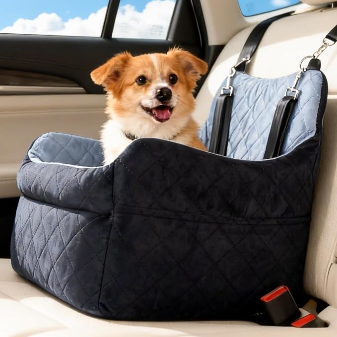 Dog Car Seat for Small Dogs, Elevated Booster Seat with Leash | Washable Pet Travel Bed with Anti-Slip Base, Cozy Padded Car Seat for Dogs Up to 30 lbs, Secure & Comfortable Road Trips
