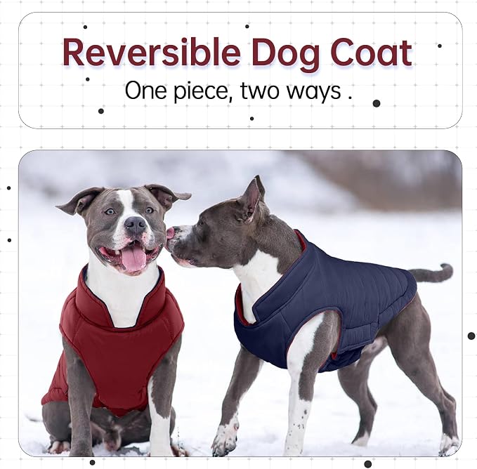 Lelepet Reversible Dog Coat Windproof Dog Jacket Lightweight Puffer Vest | Windproof Wintet Jacket Warm Coats for Large Dogs Adjustbale Hook & Loop Pet Apparel with Leash Hole, Pitbull, Wine Red, XL