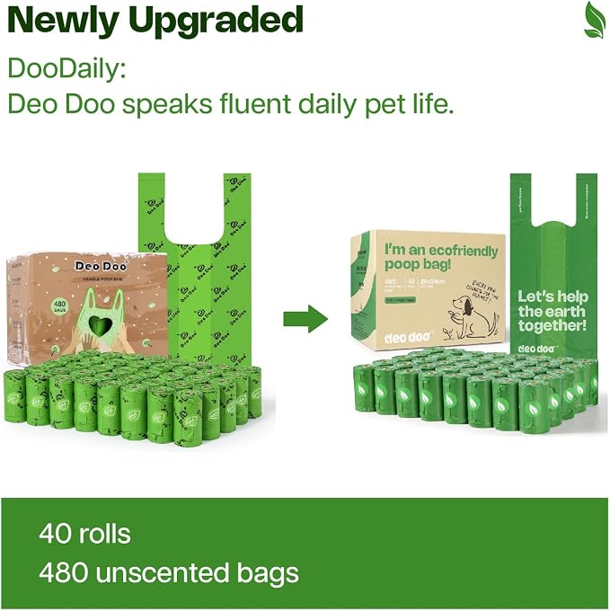 Deo Doo Dog Poop Bags with Handles, 40 Rolls 480 Counts, Large Size | Leak Proof and Extra Thick Pet Waste Bags Refill Rolls for Walking Medium Large Dogs Cats Litter Unscented