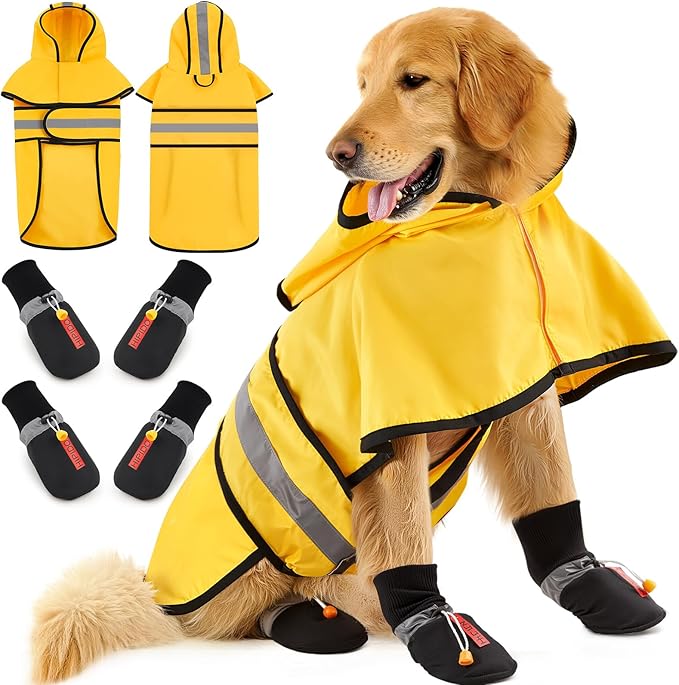 Dog Raincoat and Shoes for Weighing 20-35lbs, Spring Summer Waterproof Dogs Boots & Paw Protectors, Adjustable Pet Poncho with Leash Hole for Large Medium Small Dogs Yellow(Single Side)