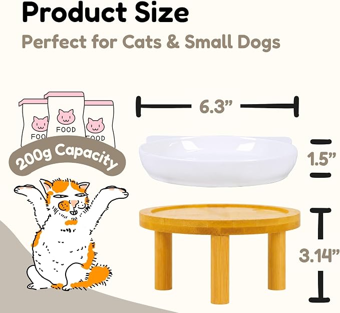 Elevated Ceramic Cat Bowls with Bamboo Stand for Cat Bowl, Whisker Friendly Shallow Cat Plate, Stable Raised Cat Food Riser for Indoor Cats (White, Set of 1)