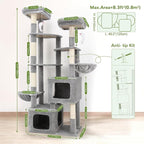 Globlazer S74E Pro Heavy Duty Maine Coon Cat Tree for Large Cats,Light Grey | 74in Sturdy Multi-Level Tall Cat Tree Tower for Indoor Adult Cats with Scratching Posts, 2 Cat Condos, 2 Top Perches