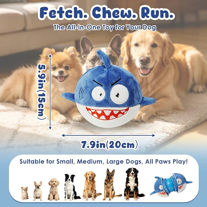 XIAPIA 3-in-1 Plush Shark Squeaky Dog Toys for Aggressive Chewers | No Stuffing Interactive Dog Toys, Hidden Squeaky Ball & Crinkle Paper, Chew Fetch Toy for Small Large Puppy, Birthday Gift