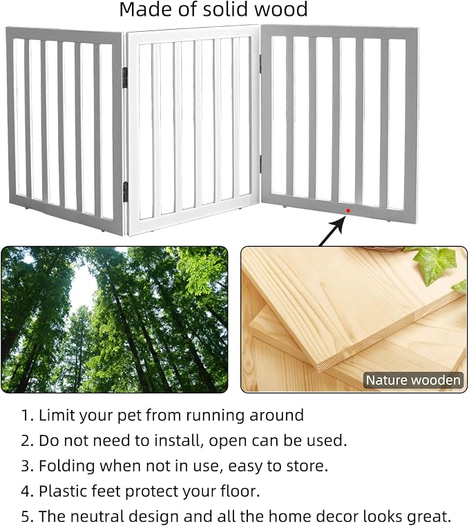 ZJSF Freestanding Indoor Dog Gate for House Foldable Wood White Puppy Gate for Doorways Pet Gate for Stairs Extra Wide Pet Fence 24" Height 3 Panels