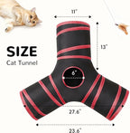 Tempcore Cat Tunnel for Indoor Cats, 3 Way Collapsible Pet Play Tunnel with Teaser Wand, Peek Holes & Hanging Ball, Interactive Tube for Kittens & Rabbits, Black & Red