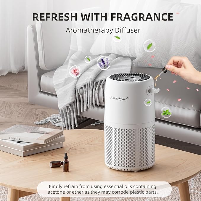 AromaRoom Air Purifiers, Quiet Air Cleaner For Pets, Baby Room,Home | AromaRoom H13 HEPA Air Filter For Smoke Pollen Dander Hair Smell Air Cleaner, 3-in-1 Filter with Sleep Mode