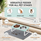 Summark Upgraded Elevated Cat Bowls with Food Mat,15°Tilted Stand Anti Vomiting Raised Cat Dishes for Food and Water,2 Stainless Steel Bowls for Cats and Puppy（Teal）