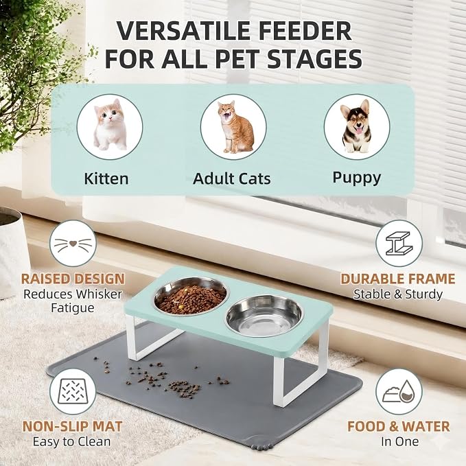 Summark Upgraded Elevated Cat Bowls with Food Mat,15°Tilted Stand Anti Vomiting Raised Cat Dishes for Food and Water,2 Stainless Steel Bowls for Cats and Puppy（Teal）