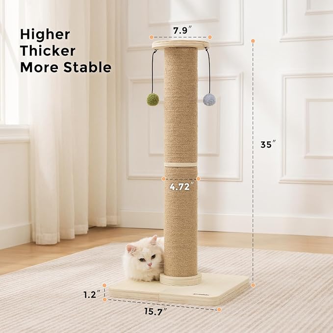 ZOMISIA 35'' Tall Cat Scratching Post for Indoor Cats Adults | 4.7'' Large Scratch Post, Thicken Wooden Base, Sisal Scratcher Top & Dangling Balls, Super Sturdy