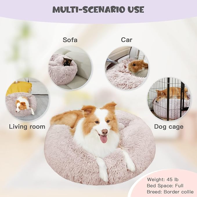 Himax 35in Covered Large Dog Bed with Blanket Attached Calming Burrow Beige | Anti-Anxiety Donut dog bed with cover, Washable Round Fluffy Pet& Cat Beds for Indoor