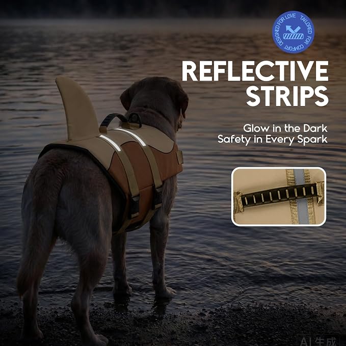 ASENKU Dog Life Jacket - Pet Safety Vest for Swimming & Boating, Shark Life Jacket with Floatation, Dog Lifesavers Swimsuits for Small Medium Large Dogs (Brown, XS)