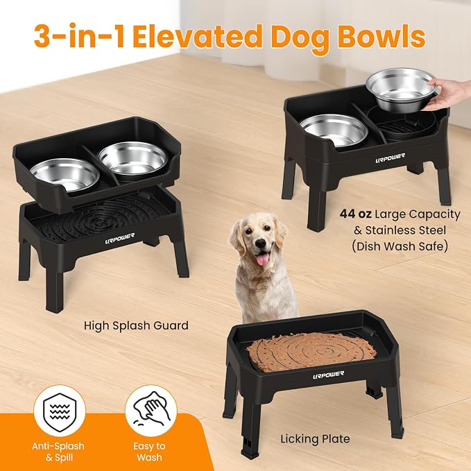URPOWER Elevated Dog Bowls, 3-in-1 Double Deck Raised Dog Bowl Stand | 4 Height Adjustable Raised Stand with 2 Stainless Steel Food Bowls & Licking Plate for Small, Medium & Large Dogs