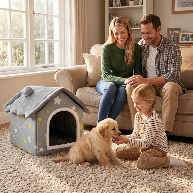 Dog House Indoor Portable Puppy Cave Cat Nest Kennel Pet Bed fit 7.5kg/17lb | Portable Memory Houses with Cushion (Grey, M:Size fits 7.5kg/17lbs (Pets))