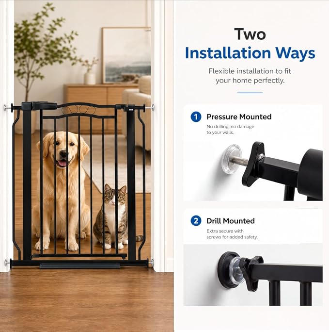 62.5"-71.6" Extra Wide Baby Gate & Dog Gate,Pressure Mounted No Drilling Pet Gate for Doorways & Large Openings, with Walk-Through, Auto-Close & Dual-Direction Swing, Black
