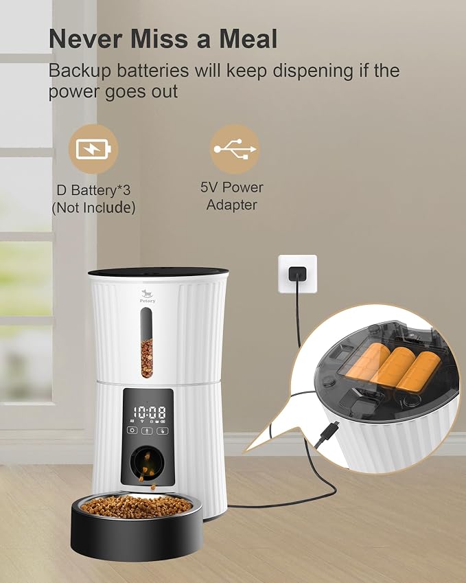 Petory Automatic Cat Feeder - 2.4G WiFi Pet Feeder for Cats and Small Dogs | 4L, Up to 10 Meals Daily, Programmable Portion Control, Dual Power Supply, 10-Second Voice Recorder