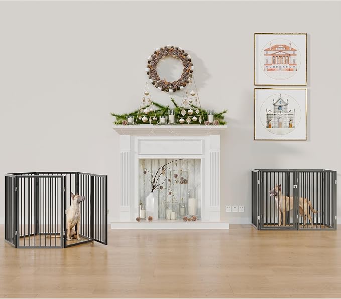 Vantas 120" x 32" Foldable Freestanding Extra Wide Dog Gate with Door,Black | Pet Gate for Stairs and Doorways, Renter Friendly No Drill, Indoor Pet Fence Extra Wide, Easy Storage, With Support Feet
