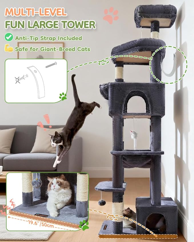 Taoqimiao 79in Cat Tree, Tall Large Cat Tower for Indoor Adult Cats S10G | Easy assembly, Sturdy, Multi Level, Easy Clean, Cozy Condo, Perches, Baskets, Suitable for Kittens and Adult Cats