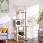 Hey-brother Wooden Cat Tree Tower with Hammock for Indoor Cats, MPJ120SG | 66.14 Inches Modern Scratching Post with Large Condo, Plush Top Platform, Cozy Basket, Bed, Hanging Toys, Rustic Gray