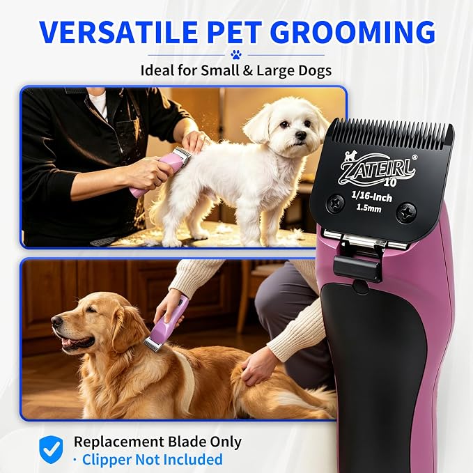 Size 10 Detachable Pet Grooming Clipper Blade with Steel Cutter, 1/16 Inch (1.5 mm) Cut Length, Black, Compatible with Andis, Oster A5, Wahl KM10, 1 Pack