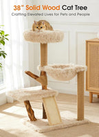 Letkind 38" Modern Cat Tree Tower for Large Indoor Cats, Perches-Natural Solid Wood Cat Tower with Sisal Scratching Post, Perches, Basket & Scratching Post, Aesthetic Boho Cat Furniture
