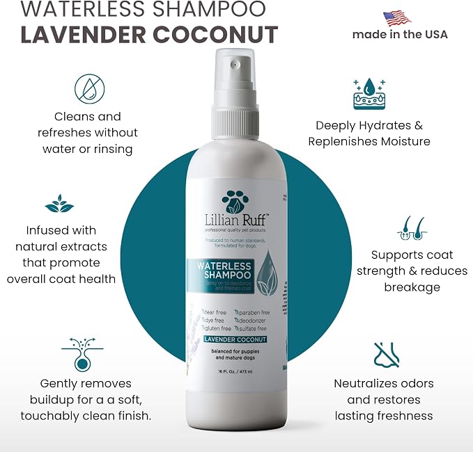 Lillian Ruff Waterless No-Rinse Dog Dry Shampoo Spray with Hydrating Essential Oils - pH-Balanced Dry Shampoo for Dogs - Clean, Condition, Detangle & Deodorize Dry, Sensitive Skin (Lavender Coconut)