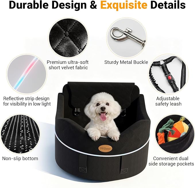 【Master Crafted for Medium Dogs】 PetDance Dog Car Seat with Anti-Tip Design | Cooling Cushion Dog Car Bed for Medium & Small Dogs Up to 50 lbs, 30% Extra Spacious, Anti-Slip Base, Premium Matte Black