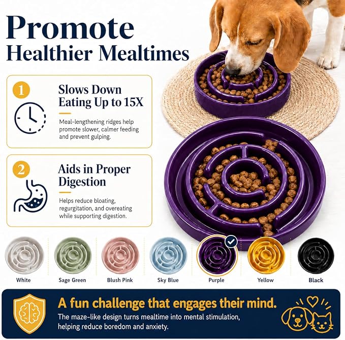 Ceramic Slow Feeder Dog Bowl, 1.5 Cup Puzzle Dish for Small Medium Dogs | Glazed ceramic maze bowl with 1.5-cup capacity for dry or wet food, sized for small and medium dogs