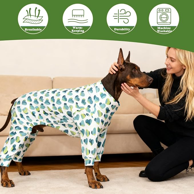 Dog Pajamas for Large Dogs, Soft Stretchy Lightweight Dog Onesie with Heart Print, Breathable Full Body Dog PJs for Sleeping and Lounging (XXX-Large, 55–75 lbs)