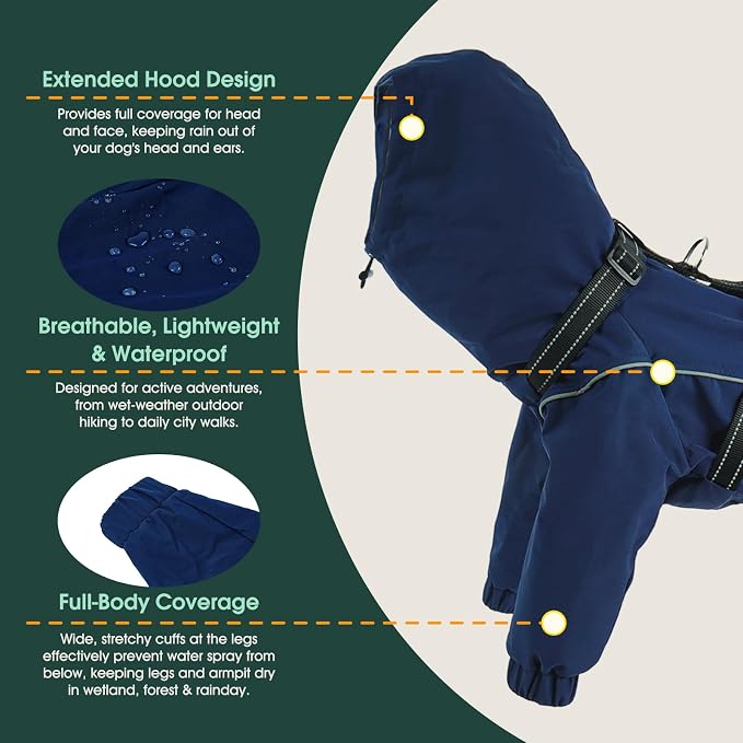 Kuoser Waterproof Hooded Dog Raincoat, Full Body Coverage, Navy Blue 2XL | Heavy-duty waterproof material blocks rain thoroughly, Ergonomic fit for free movement, Built-in Harness, reflective strips