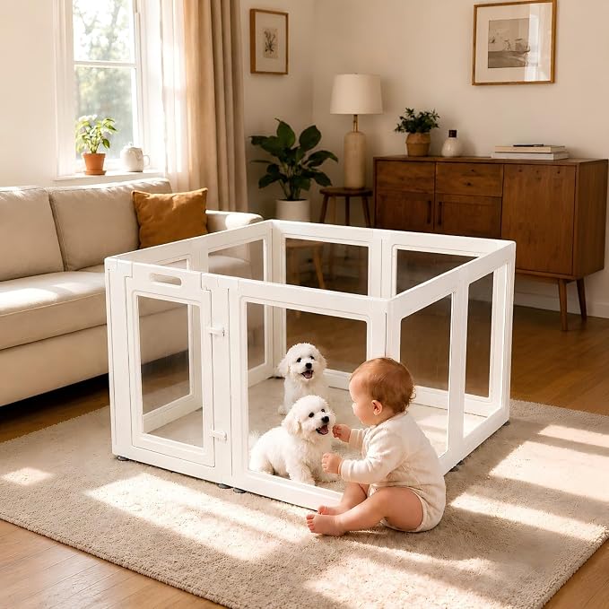 EVERFRONT Clear Acrylic Dog Playpen - Clear Dog Play Pen - Easy Assemble Acrylic Dog Playpen - Puppy Playpen, Cat Playpen, Small Animal Playpen, Dog Play Pen Indoors (24", 8-Pack)