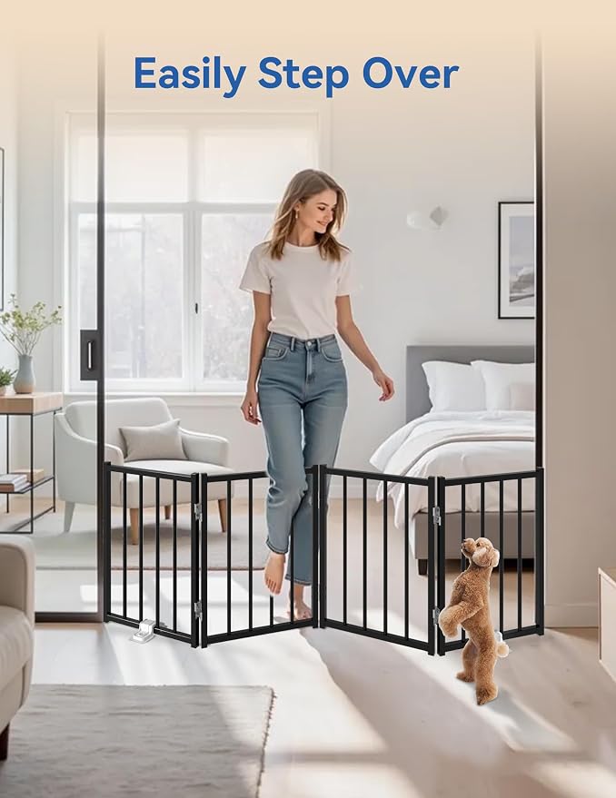 BFNN Small Dog Gate Indoor, Up to 48" W Freestanding Pet/Puppy Fence, Black | Flexible Space Control | Chewproof Steel Frame | 16.5" Step-Over Gate | Foldable | Drill-Free Setup | For Stairs & Doorways