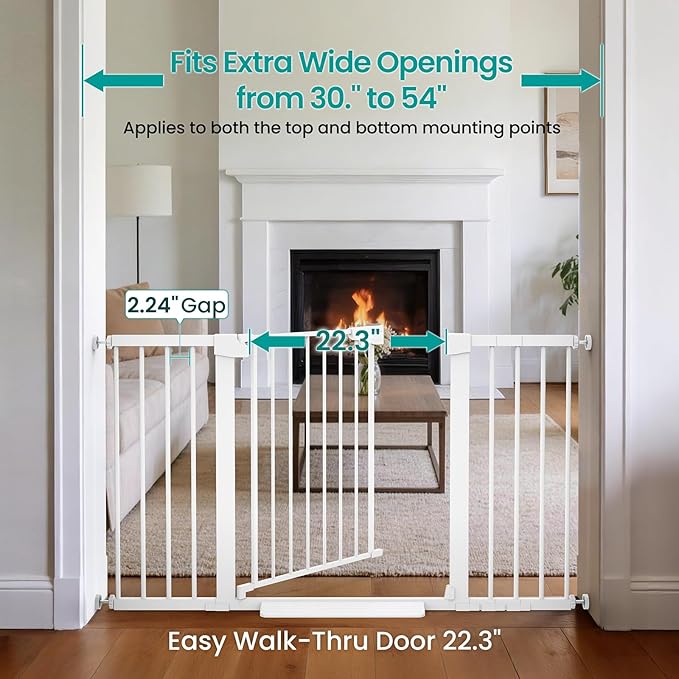 Cumbor 30-54" Extra Wide Baby Gate for Stairs, Auto Close Dog Gate White | Dual Lock Pet Gate Indoor, Easy Install Safety Gate for Doorways, Hallway & Kitchen, Easy Walk Thru Proofing for Babies & Pet