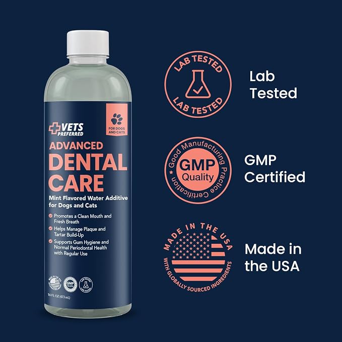 Vets Preferred Dog Breath Freshener & Water Additive for Dental Care – Fights Bad Breath, Removes Tartar & Plaque – Dog Mouthwash for Healthy Teeth & Gums, Gingivitis Support – Mint Flavor