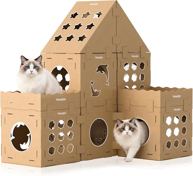 DIY Cat Scratcher Cardboard House, Scratching Cat Play House, a Versatile Box, Indoor Kitty Scratcher Hideout for One or More Cats Brown, Cat Tower Castle Tunnel 10 Parts