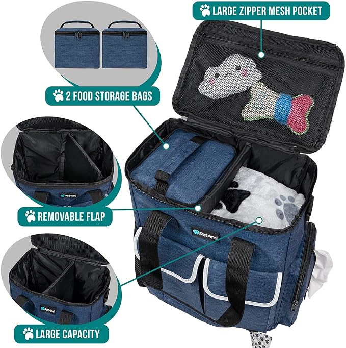 PetAmi Dog Travel Bag Pet Supplies Accessories Organizer for Traveling, Camping, Weekend; Cat Pet Travel Bag Kit Includes 2 Food Storage Containers, 2 Collapsible Bowls, 1 Feeding Mat (Navy Blue)