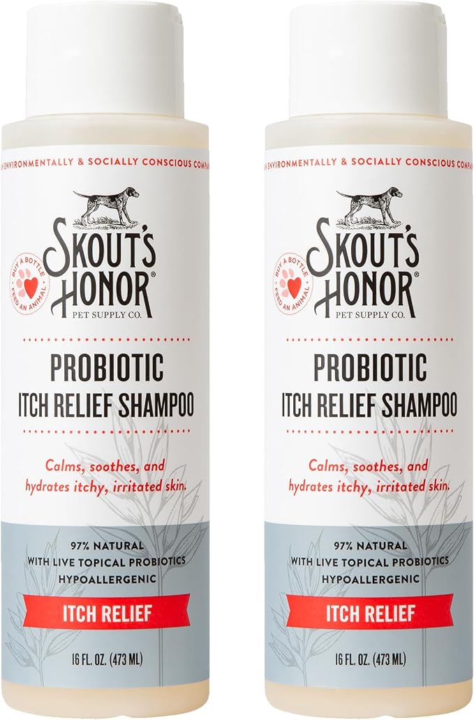 SKOUT'S HONOR Probiotic Itch Relief Shampoo for Dogs, 16 oz, 2-Pack | Non-Medicated Microbiome-Friendly Formula with Avocado Oil and Omega-3s, Paraben & Sulfate-Free, Unscented