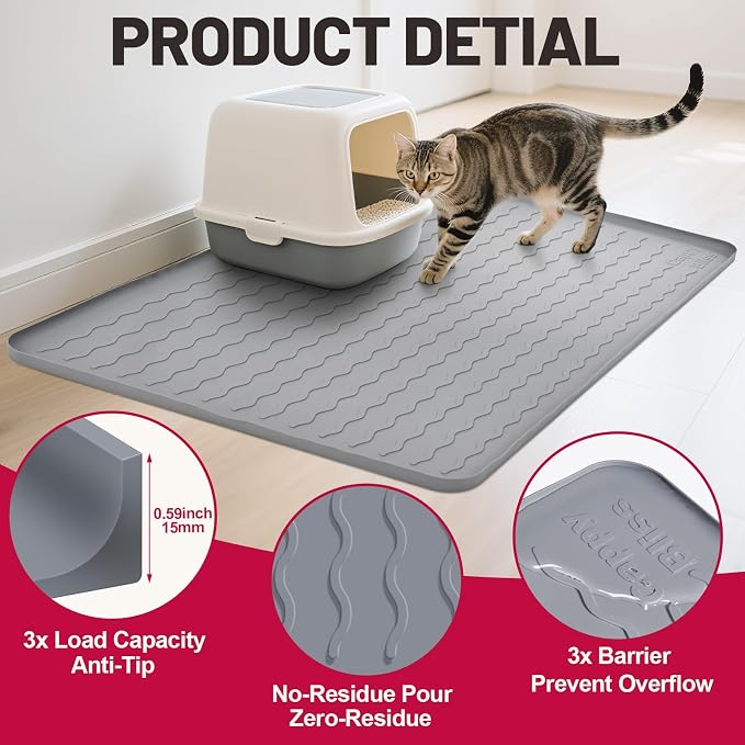 Cat Litter Mat, 34"x22" Waterproof Silicone Pad, Gray | Large Size, Urine-Proof Pad, Litter-Trapping Waves, Non-Slip, Easy Clean, Paw-Safe, for Litter Box, Floor Mat