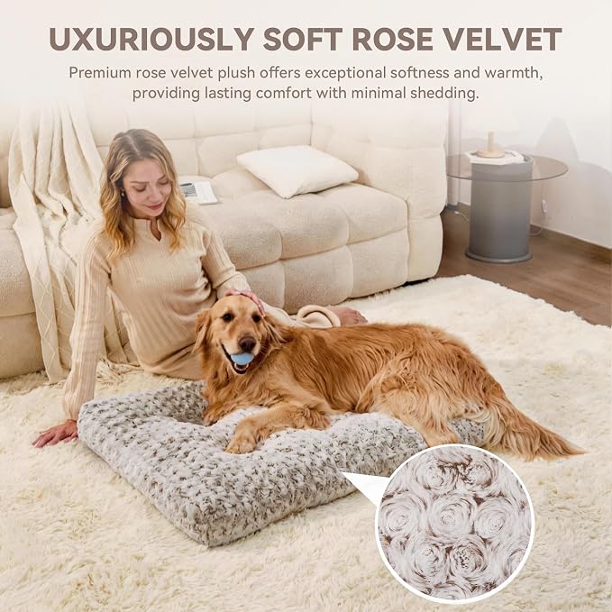Large Dog Crate Bed, Washable Plush Dog Mat with Thick Cushion Support, Soft Fluffy Dog Pad for Labrador, Golden Retriever, Husky, Boxer, Non-Slip Bottom (Brown, 41.0" L x 27.0" W x 4.0" Th)
