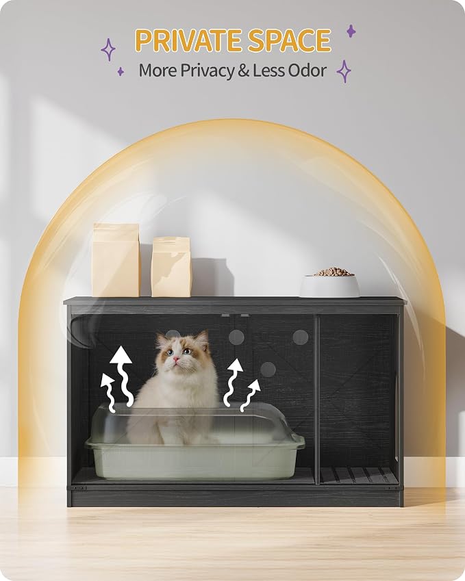 Hzuaneri Cat Litter Box Enclosure, Hidden Litter Box Furniture with Divider | Wooden Cat Cabinet with Removable Dividers, Reversible Entrance Left or Right Side, Cat Washroom, Black CB84704X