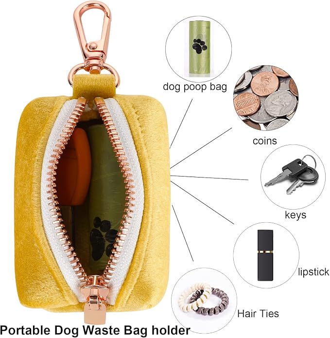 ARING PET Dog Poop Bag Holder, Velvet Doggy Waste Bag Dispenser Attach to Any Leashes, Portable Washable Pet Waste Pouch Dispenser with Metal Zipper