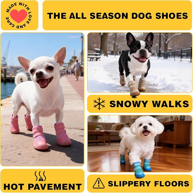 Dog Shoes for Small Dogs, Dog Boots & Paw Protectors for Hot Pavement Winter Snow Hiking, Anti-Slip Dog Booties for Hardwood Floor Blue Size 1