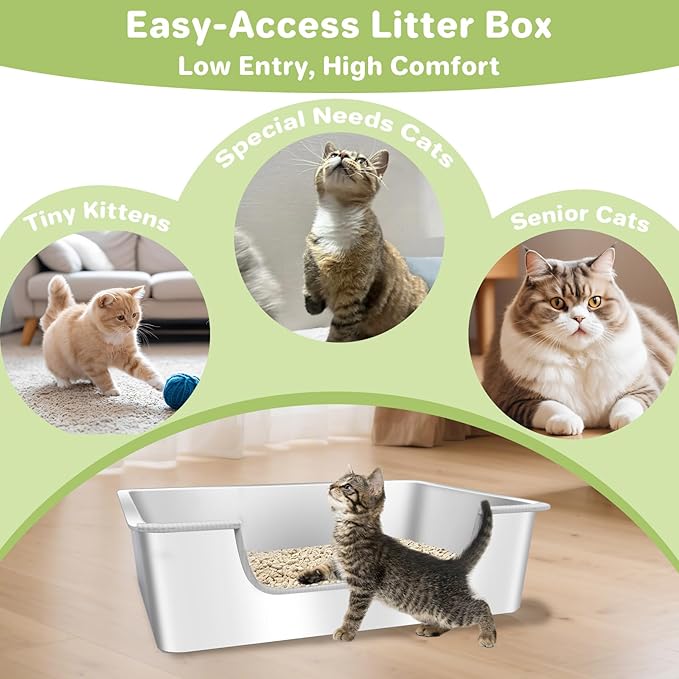 Low Entry Litter Box for Senior or Disabled & Injured Cats, Stainless Steel High Sided Enclosed Easy Step in Entry-Metal Kitty Litter Box for Kittens, Odor Control (17.7"x13.8"x5.9")