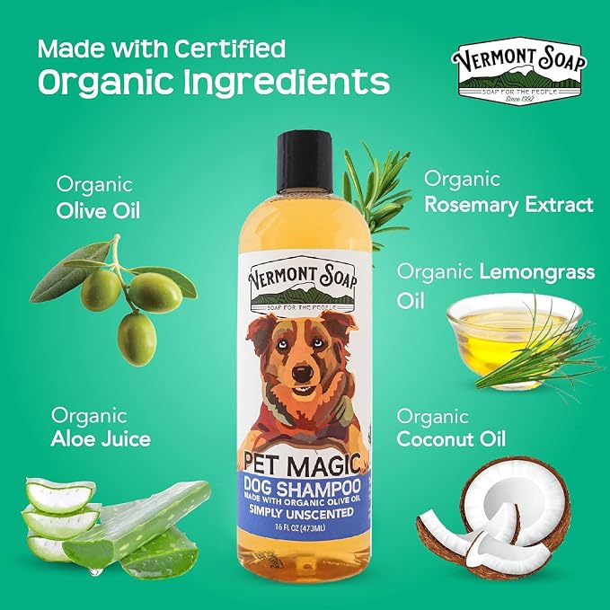 VERMONT SOAP Organic Pet Shampoo, Unscented Natural Dog Shampoo, 16 oz | Unscented organic olive oil, coconut & aloe vera, sensitive skin care, USDA certified , fragrance free, dog shampoo grooming