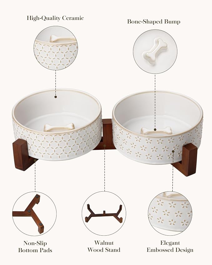 MALACASA Dog Bowl Set, Ceramic Bowls with Walnut Wood Stand, 3.5 Cups | Five-leaf grass and honeycomb design, non-slip base, for cats and dogs, about 26% heavier than similar ceramic bowls